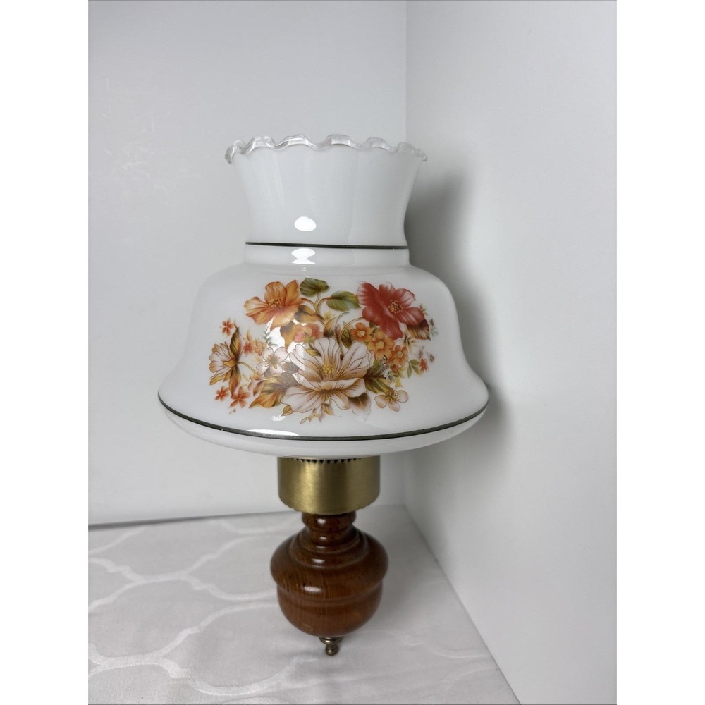 Vintage Floral Print Hurricane Wall Sconce Lamp Wood Brass Milk Glass 60s MCM